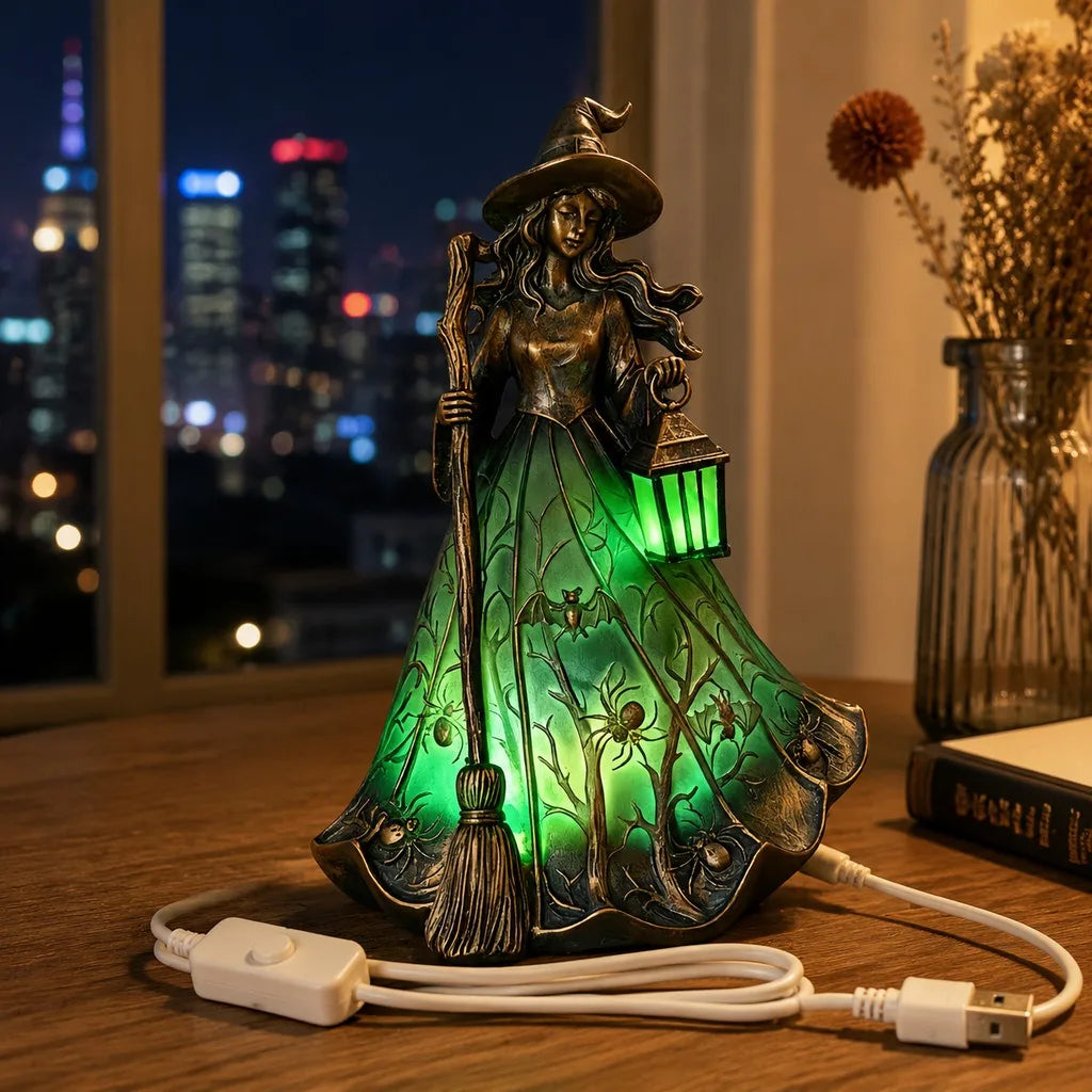 Witch Lantern Resin Night Light | Gothic Halloween Lamp with Broom Lamps & Night Lights - The Eezee Shop