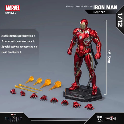 Marvel Iron Man Mark XLV action figure with accessories on a gray background