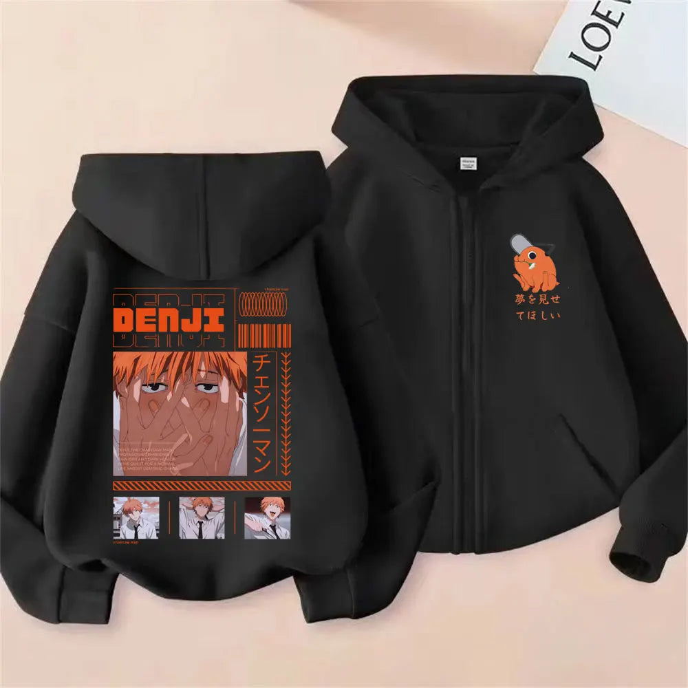 Pochita Washed Zip-Up Hoodie | Chainsaw Man Retro Jacket Hoodies & Sweatshirts - The Eezee Shop