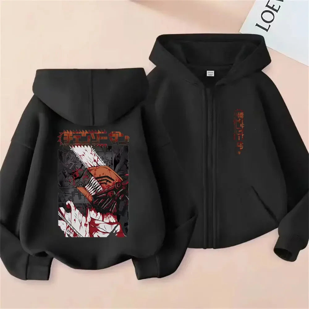 Pochita Washed Zip-Up Hoodie | Chainsaw Man Retro Jacket Hoodies & Sweatshirts - The Eezee Shop