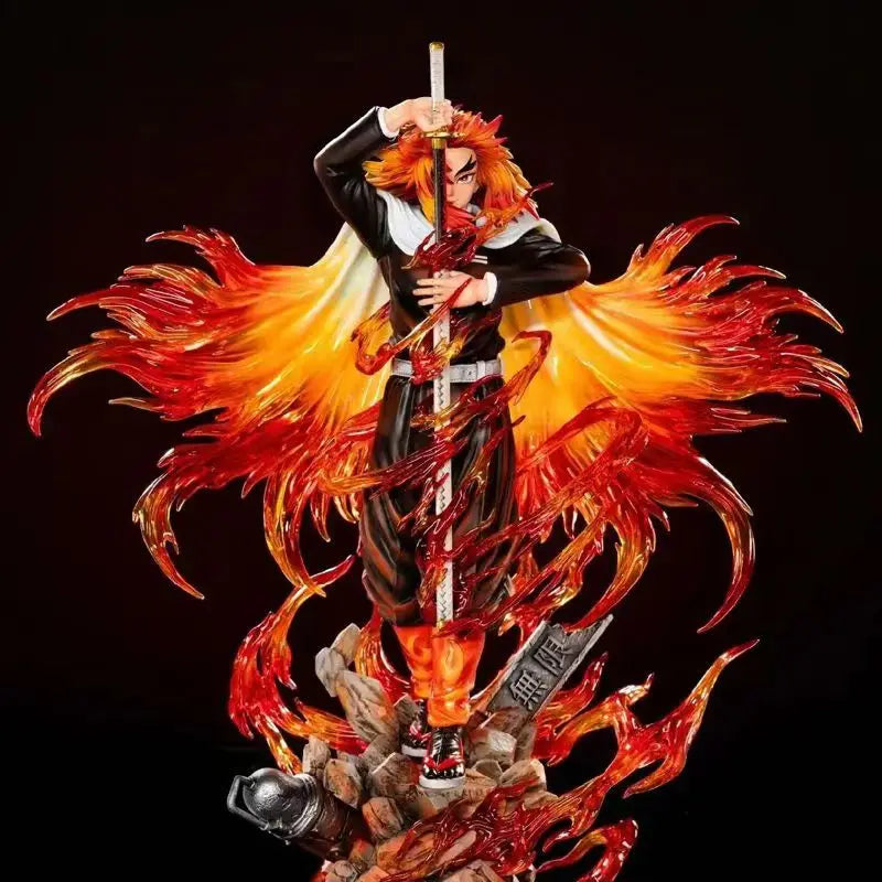 Statue with fiery design and sword on a dark background