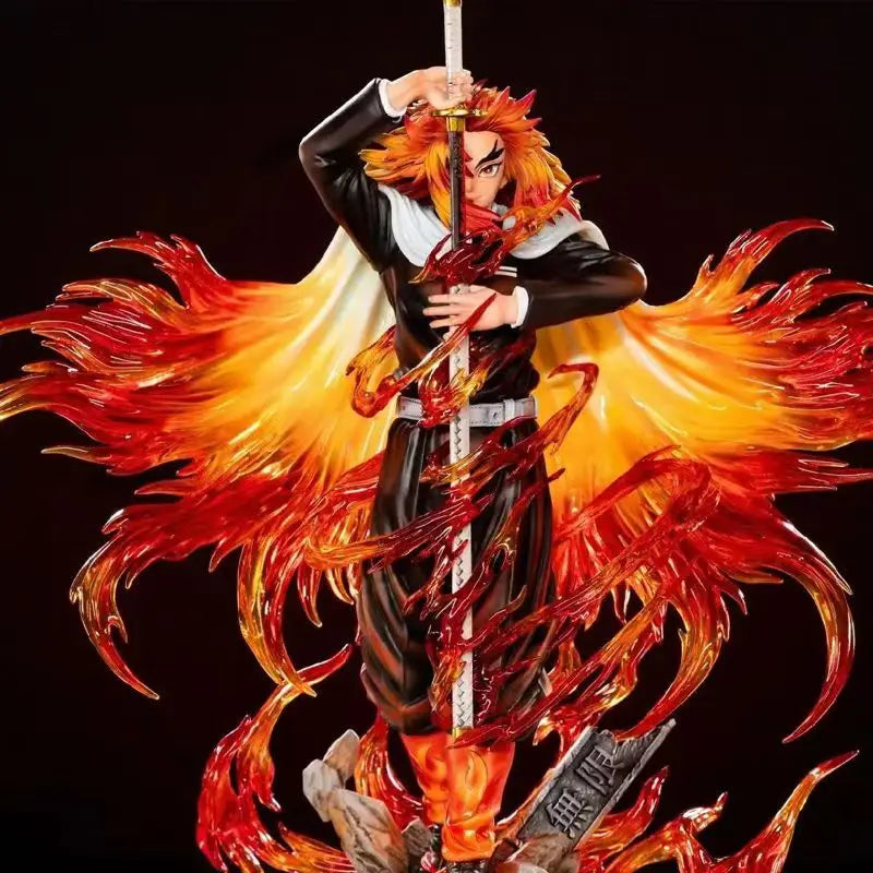 Statue with fiery design and a sword against a dark background