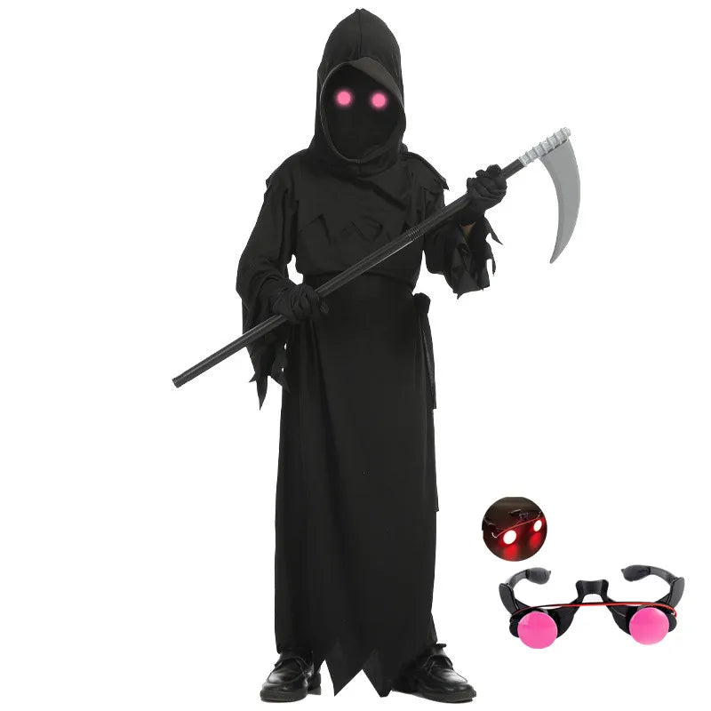 Kids Skeleton Grim Reaper Costume | Glowing Eyes Robe with Scythe Halloween Costumes - The Eezee Shop