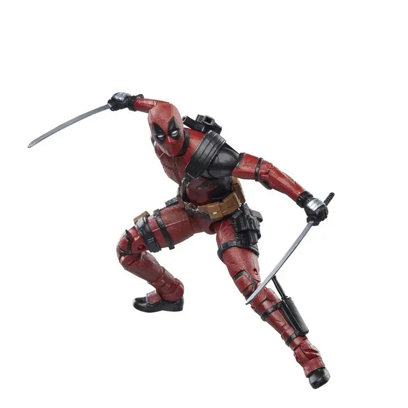 Deadpool action figure holding two swords on a white background