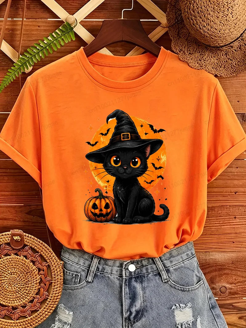 Black Cat Witch Hat T-Shirt | Women's Full Moon Halloween Tee Graphic Tees - The Eezee Shop