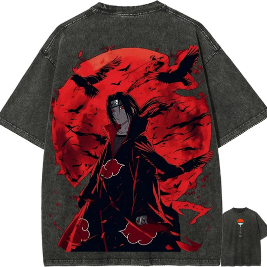 Naruto Itachi Uchiha T-shirt Akatsuki Crow Vintage Acid Wash Streetwear Oversized Retro Anime Grafische Katoenen Mannen Tees Top Anime Tshirts - The Eezee Shop