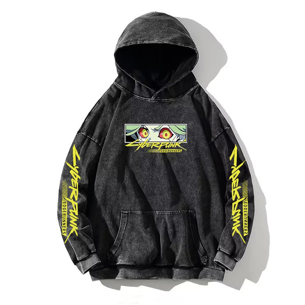 Cyberpunk Edgerunners Washed Hoodie | Cotton Graphic Pullover Hoodies & Sweatshirts - The Eezee Shop