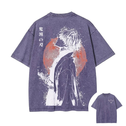 2026 Summer New Zenitsu Agatsuma Breath of Thunder Retro Washed Old T-shirt Demon Slayer 90s Street Style Short-sleeved Top Anime Tshirts - The Eezee Shop