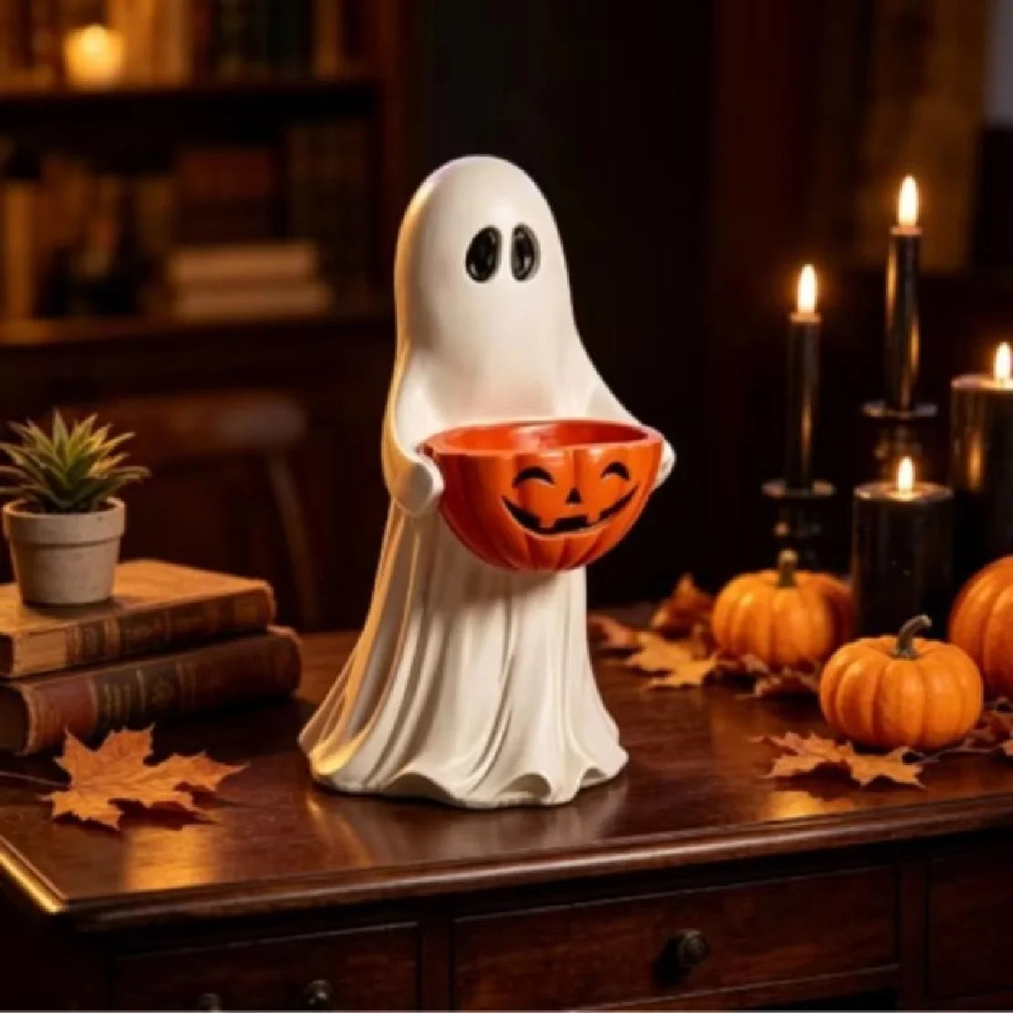 Ghost with Pumpkin Candy Dish | Resin Halloween Tiered Tray Decor Halloween Figurines - The Eezee Shop