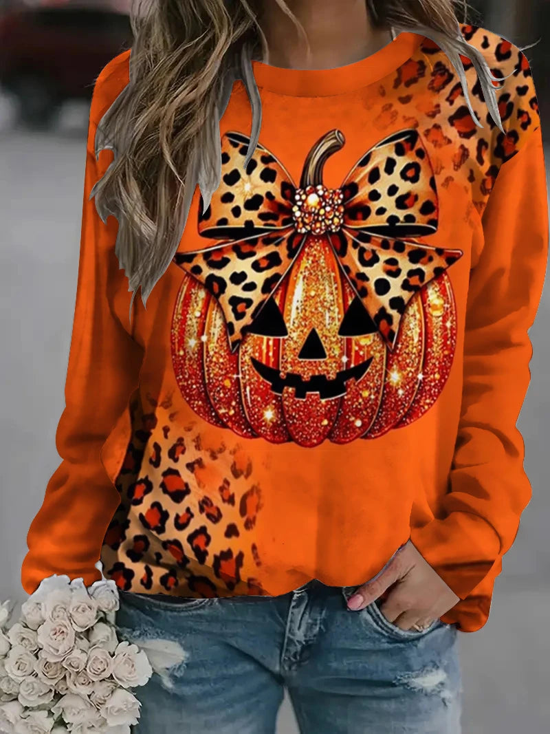 Glitter Pumpkin Leopard Bow Sweatshirt | Women's Orange Pullover Hoodies & Sweatshirts - The Eezee Shop