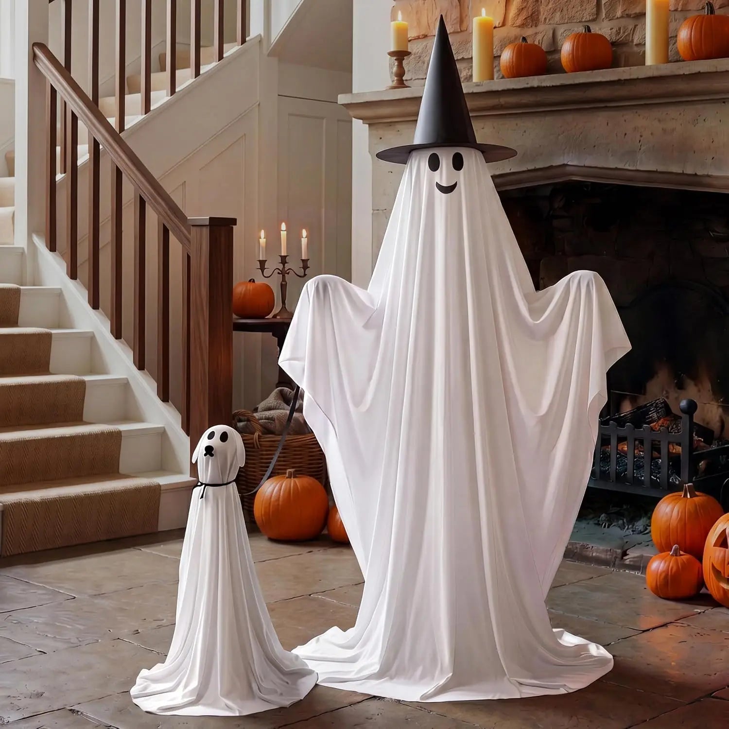 2Pcs Outdoor Halloween Decorations 55" Standing Ghost and 23" Dog Ghost Cute Set with Warm White LED Lights 8 Lightng Modes & Timer for Yard Lawn Party Favors and Halloween Decor Outside Indoor - The Eezee Shop