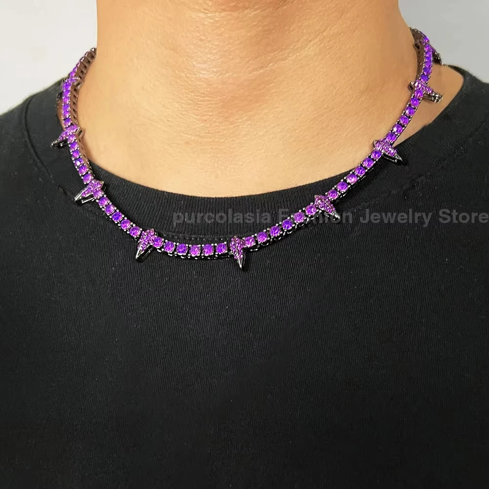 Lightning Pendant Tennis Necklace | Purple Iced Out CZ Chain Jewelry - The Eezee Shop