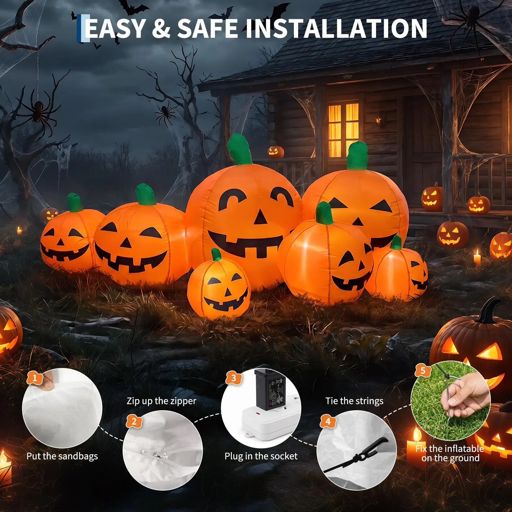 7.5ft Inflatable Pumpkin Patch | 7 Jack-O-Lantern LED Yard Decor Outdoor Halloween Decorations - The Eezee Shop
