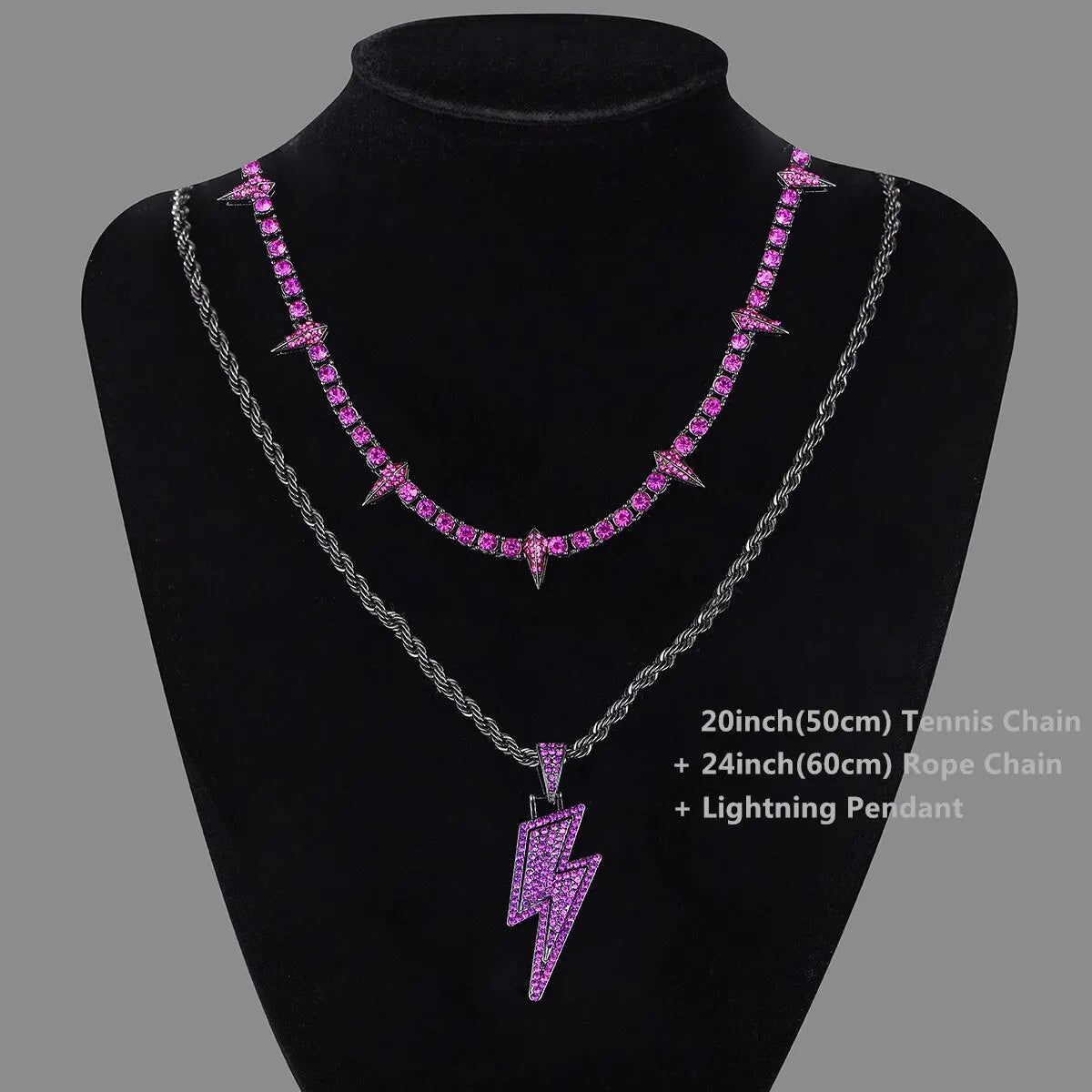 Lightning Pendant Tennis Necklace | Purple Iced Out CZ Chain Jewelry - The Eezee Shop