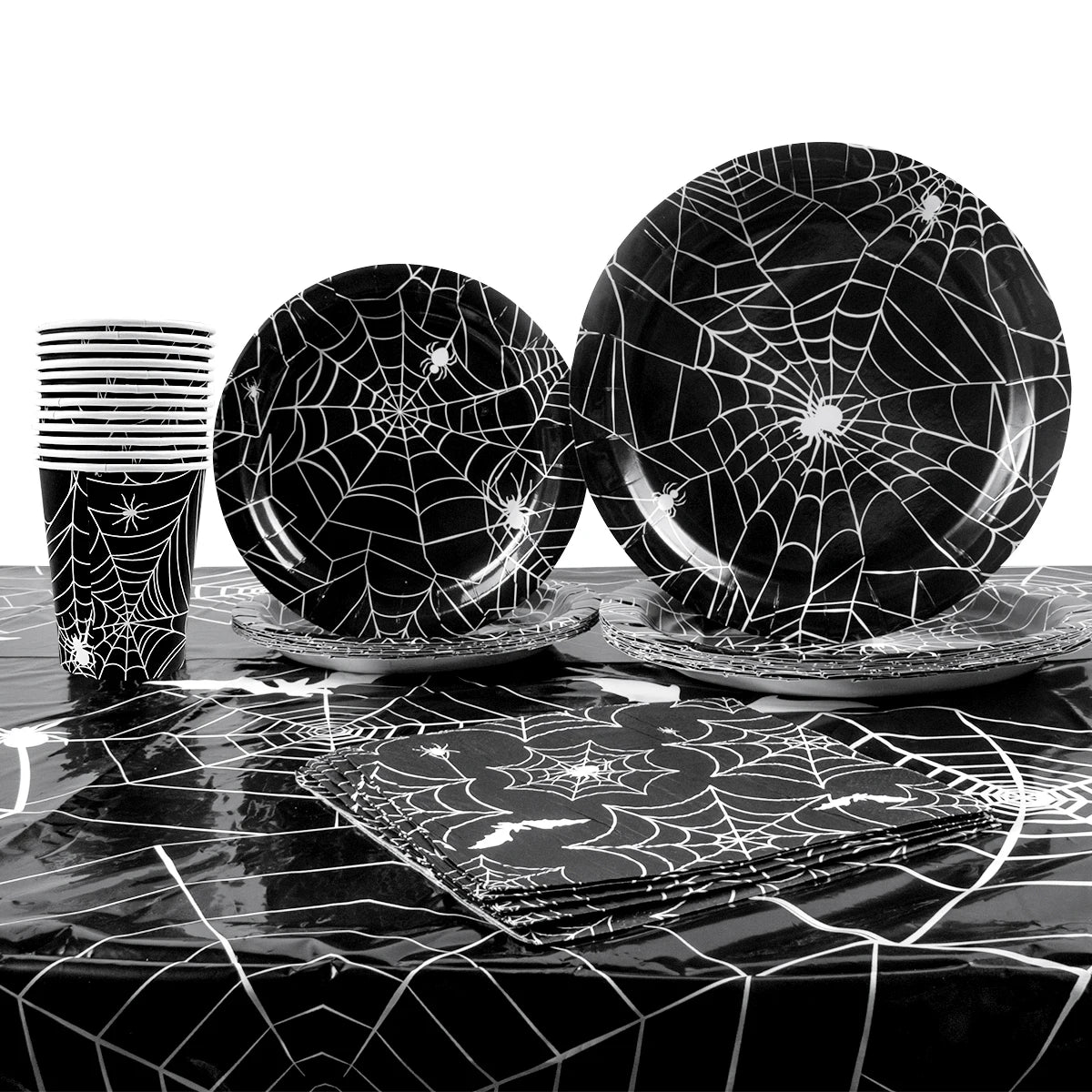 Spider Web Halloween Tableware Set | Black Plates, Cups & Napkins Party Supplies - The Eezee Shop