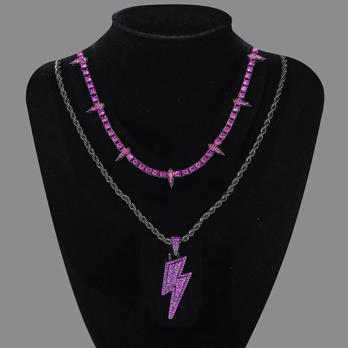 Lightning Pendant Tennis Necklace | Purple Iced Out CZ Chain Jewelry - The Eezee Shop