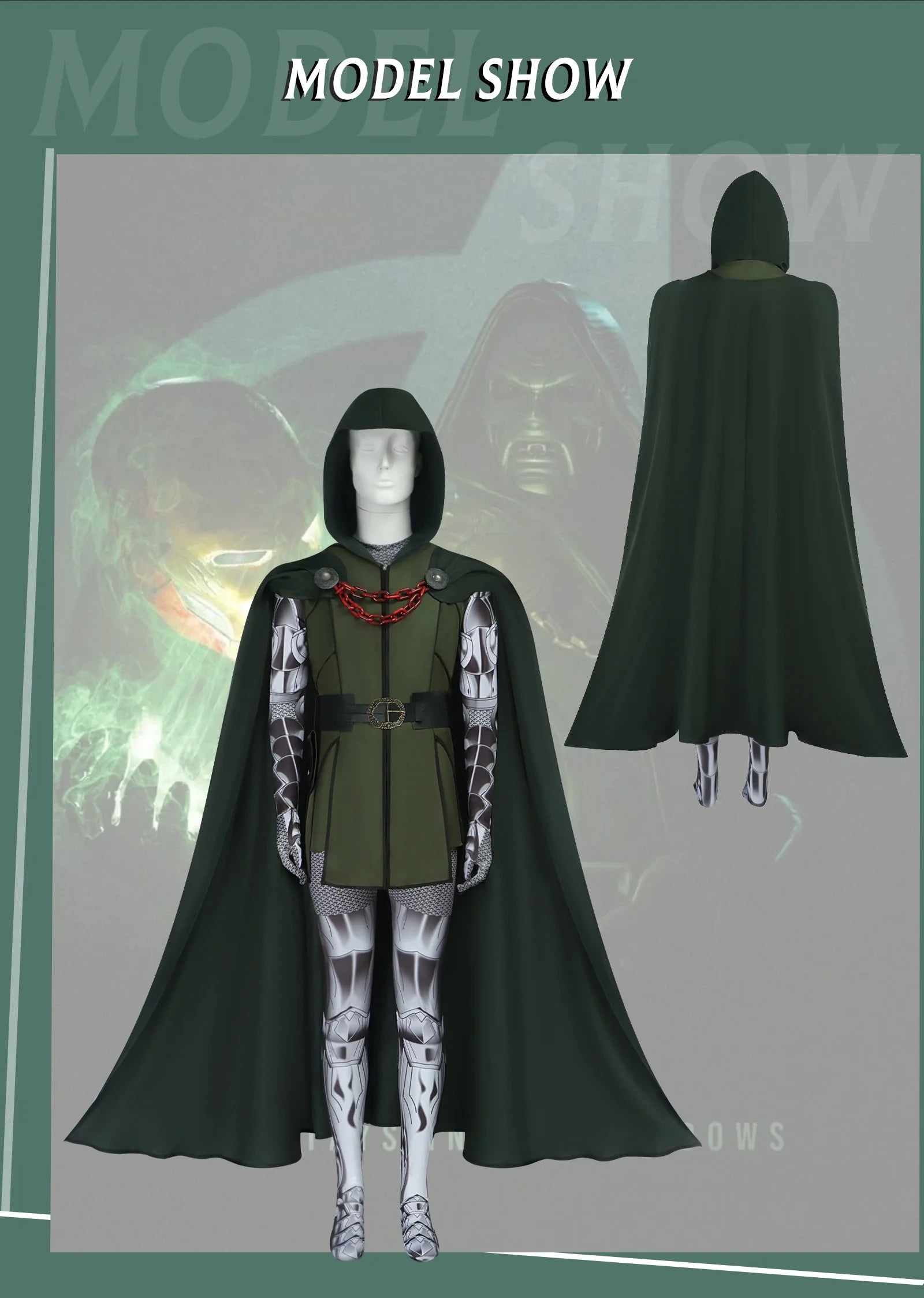 Doctor Doom Cosplay Costume | Green Vest Jumpsuit with Cape Set Cosplay Costumes - The Eezee Shop