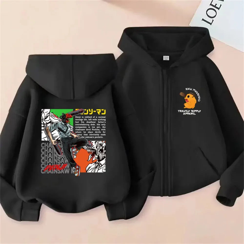 Pochita Washed Zip-Up Hoodie | Chainsaw Man Retro Jacket Hoodies & Sweatshirts - The Eezee Shop