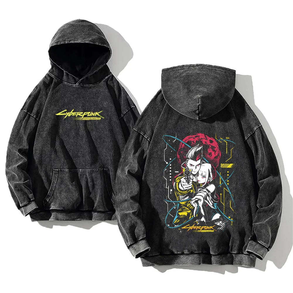 Cyberpunk Edgerunners Washed Hoodie | Cotton Graphic Pullover Hoodies & Sweatshirts - The Eezee Shop
