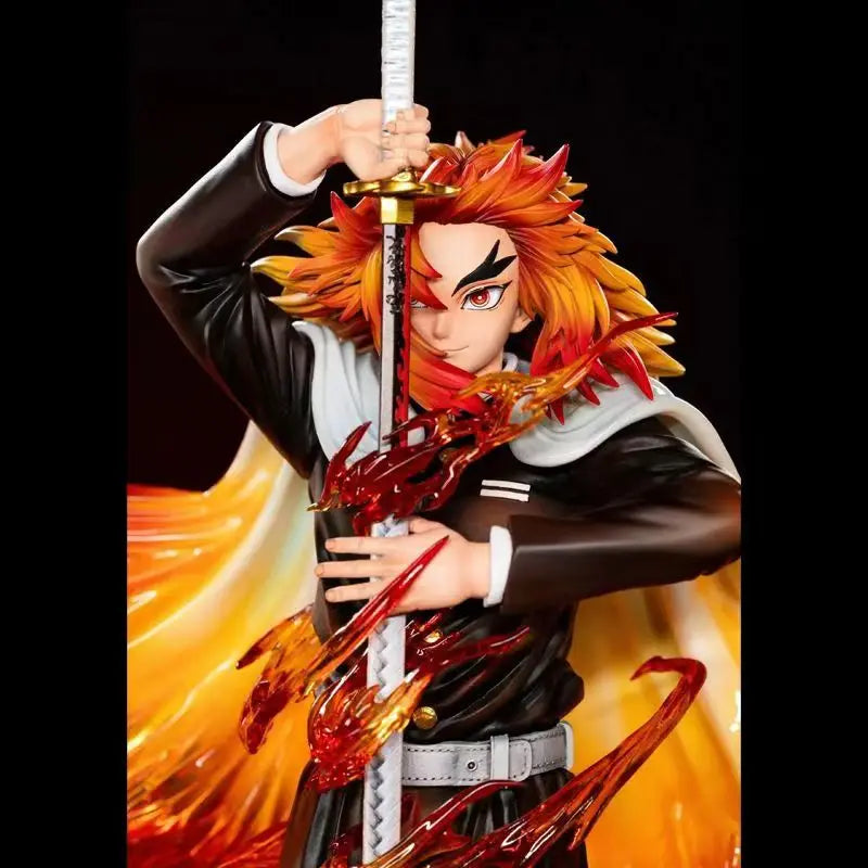 Animated character with fiery hair and sword against a black background