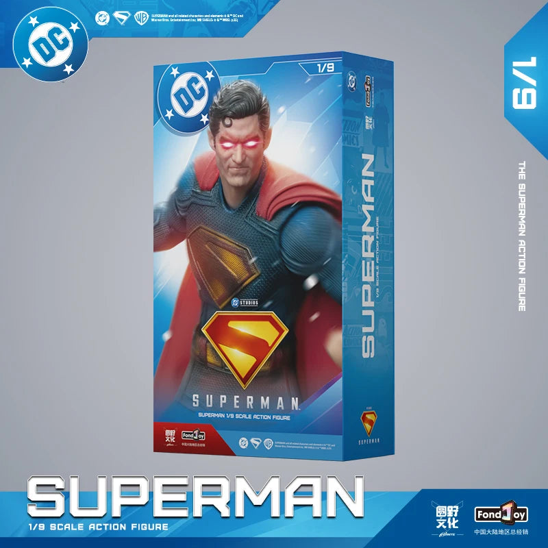 Superman action figure packaging with DC logo on a gray background