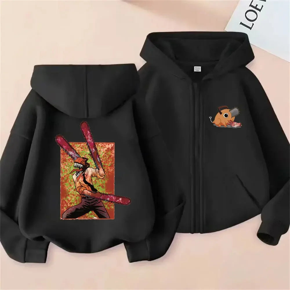 Pochita Washed Zip-Up Hoodie | Chainsaw Man Retro Jacket Hoodies & Sweatshirts - The Eezee Shop