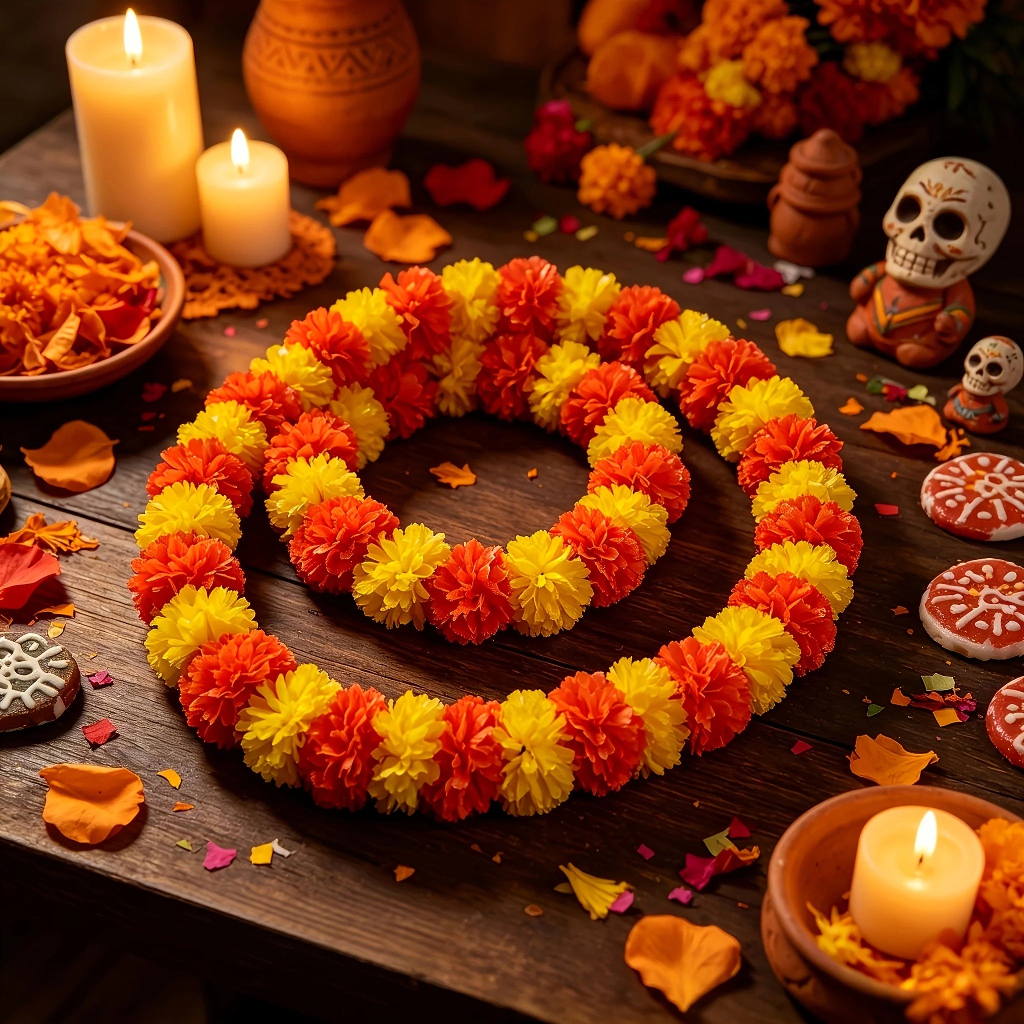 Artificial Marigold Garland | 2-Pack 3m Day of the Dead Decor Wreaths & Garlands - The Eezee Shop