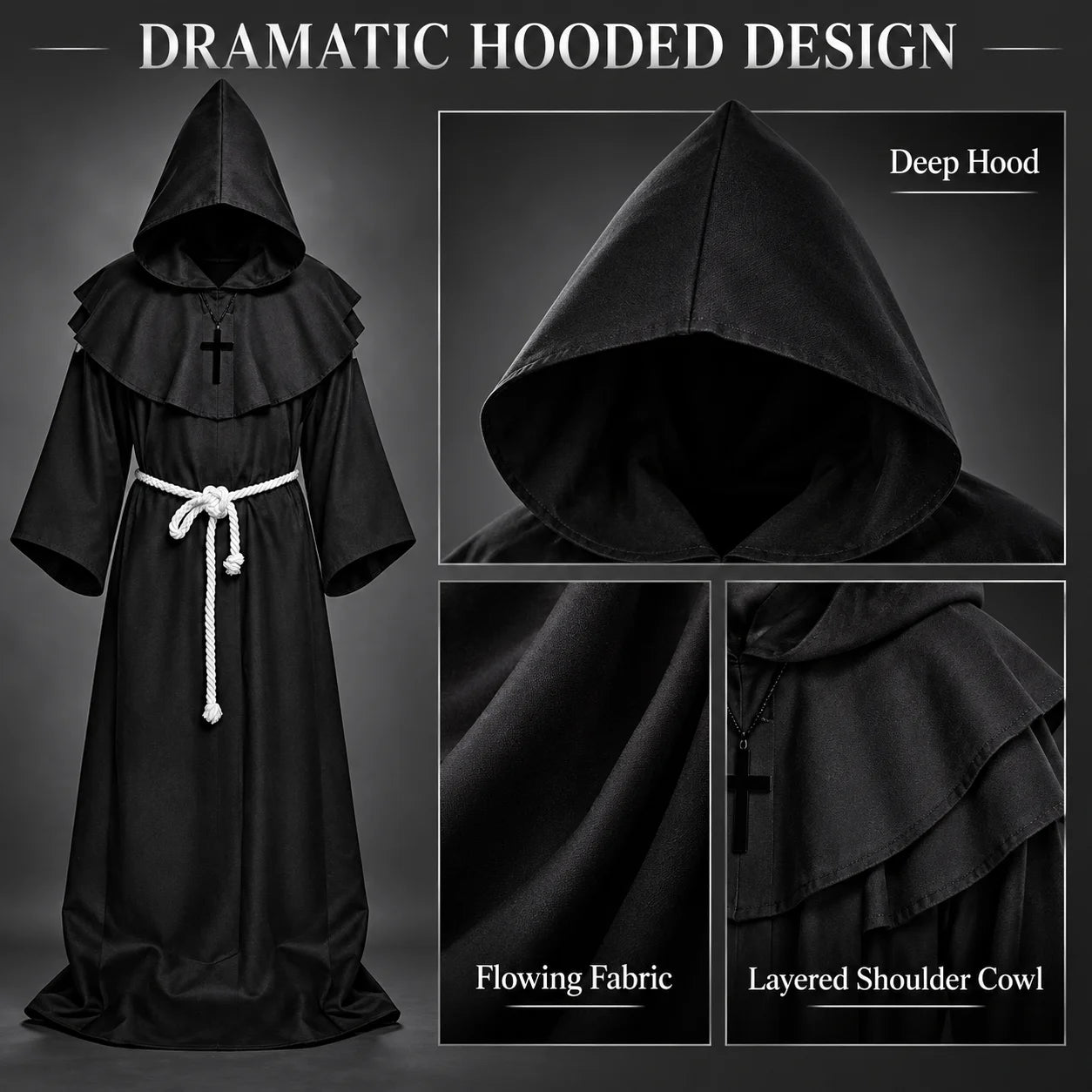 Medieval Monk Robe Costume | 4-Piece Hooded Cloak Set Halloween Costumes - The Eezee Shop