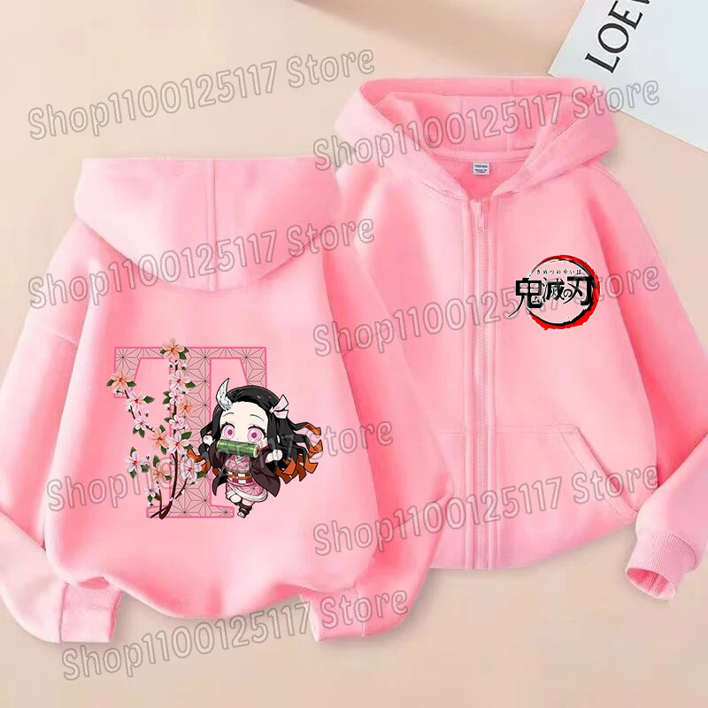 Girls Nezuko Zip-Up Jacket | Kids Demon Slayer Hooded Top Jackets - The Eezee Shop