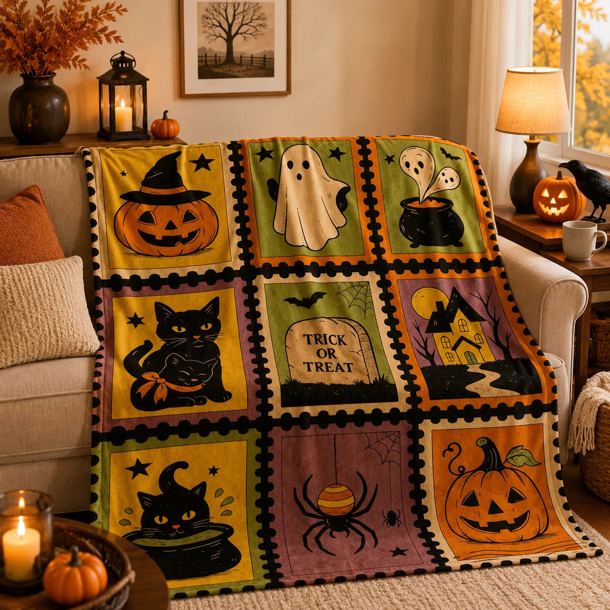 Nine-Grid Halloween Flannel Throw | Cozy Fuzzy Blanket Throw Blankets - The Eezee Shop