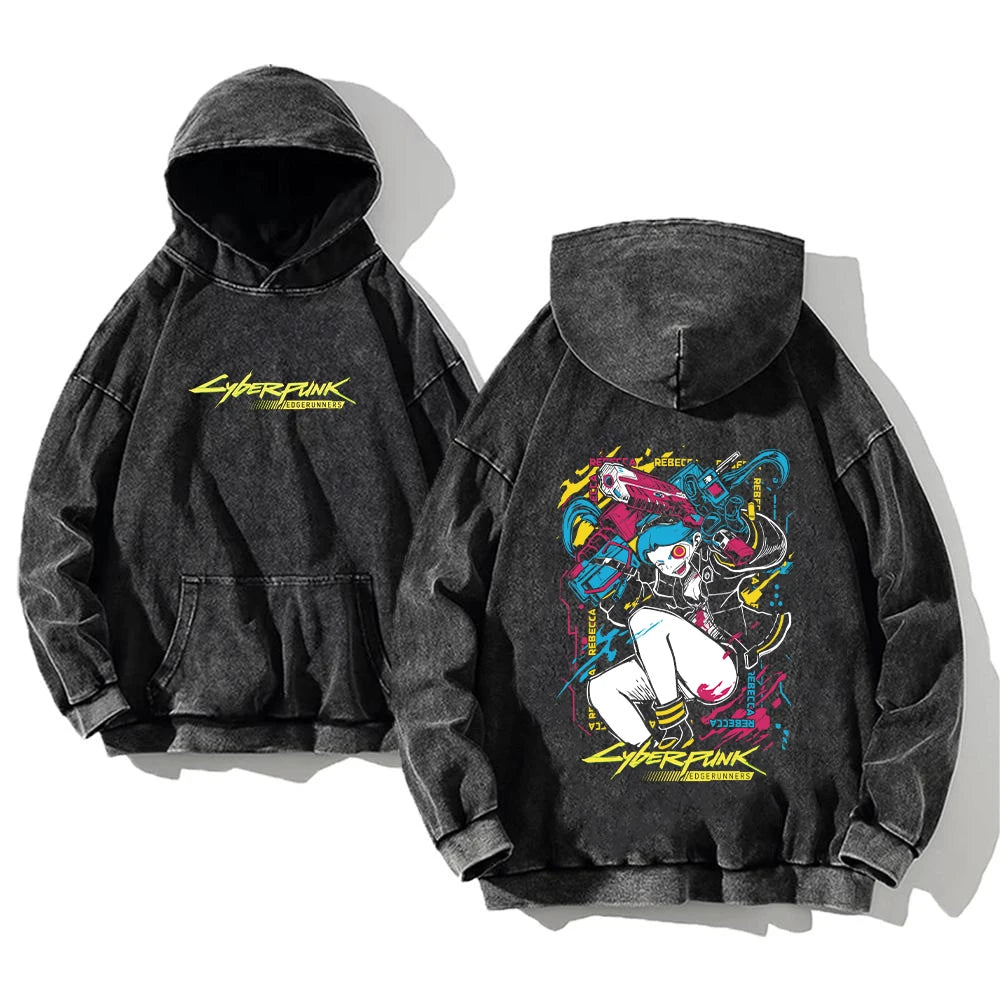 Cyberpunk Edgerunners Washed Hoodie | Cotton Graphic Pullover Hoodies & Sweatshirts - The Eezee Shop