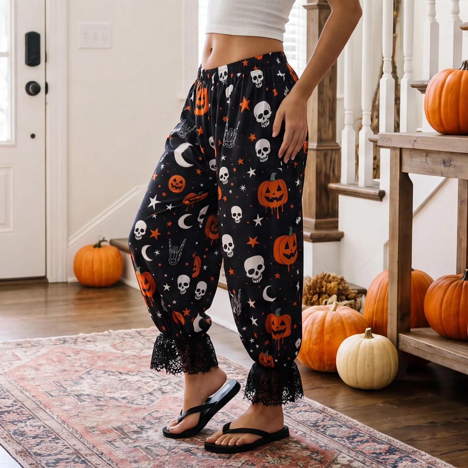 Black Pumpkin Skull Lounge Pants | Women's Elastic Waist Pants Pajamas & Loungewear - The Eezee Shop