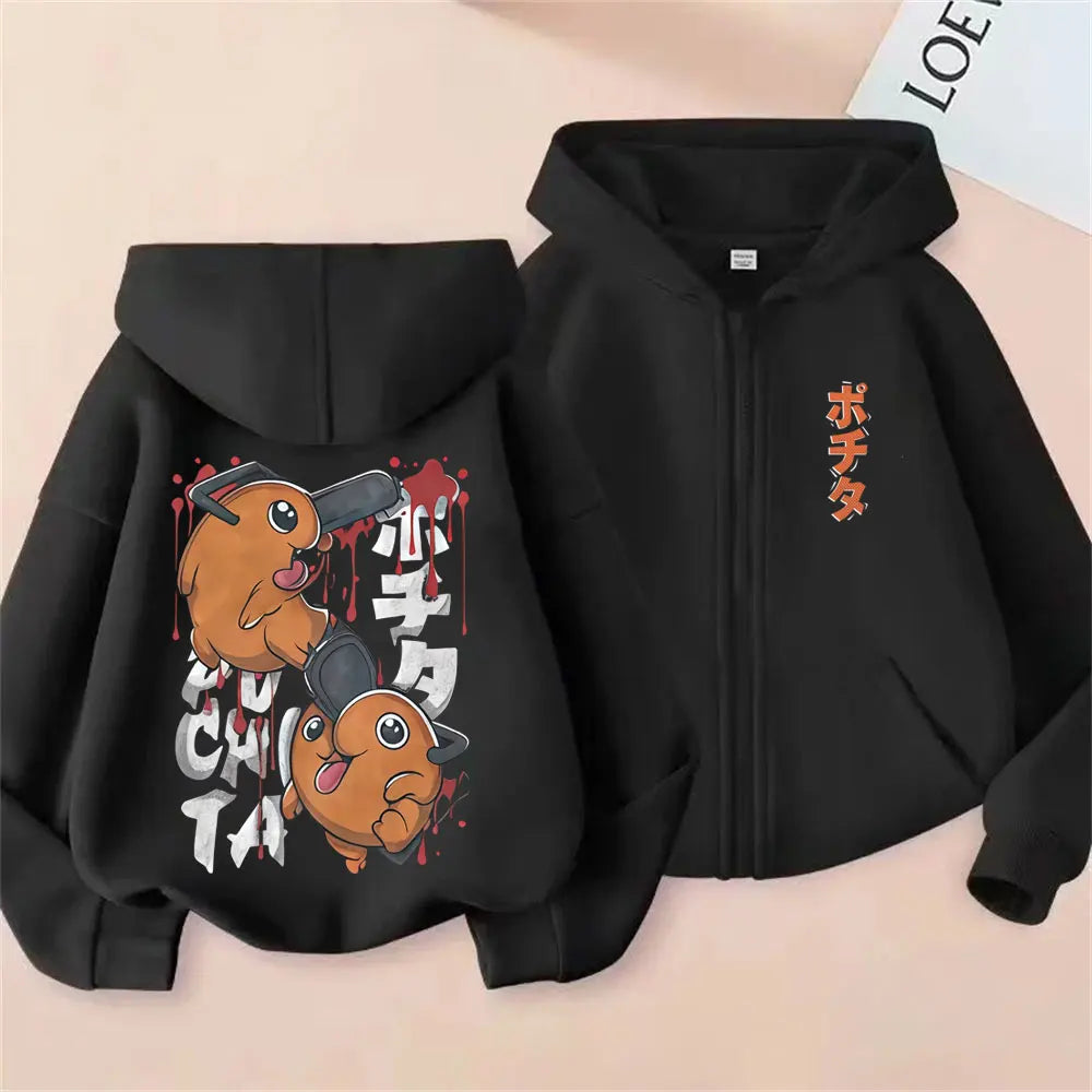 Pochita Washed Zip-Up Hoodie | Chainsaw Man Retro Jacket Hoodies & Sweatshirts - The Eezee Shop