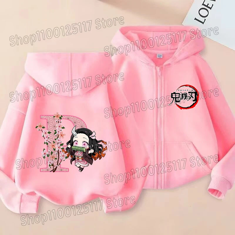 Girls Nezuko Zip-Up Jacket | Kids Demon Slayer Hooded Top Jackets - The Eezee Shop