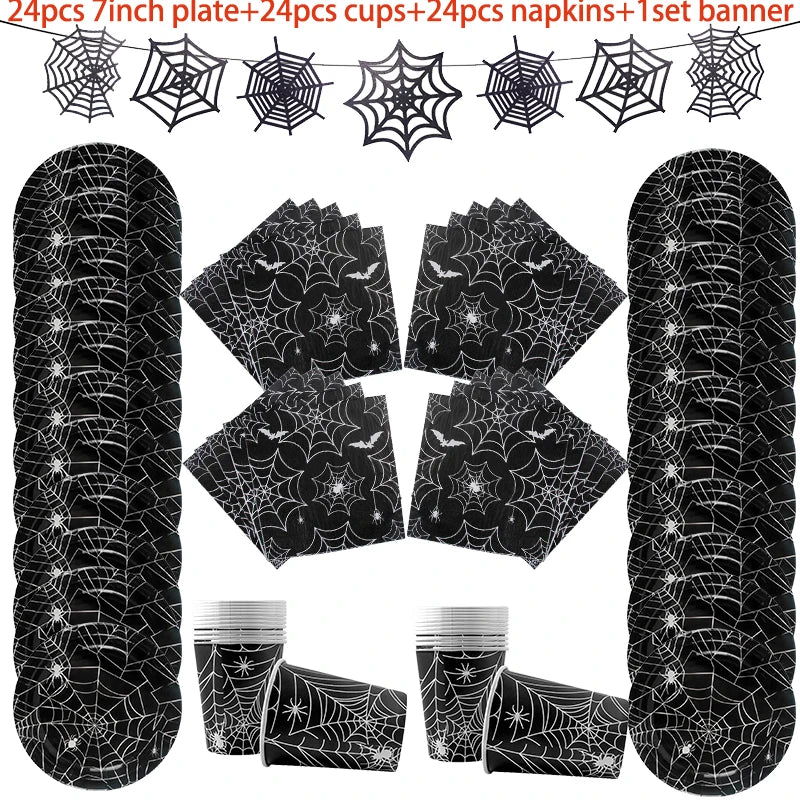 Spider Web Halloween Tableware Set | Black Plates, Cups & Napkins Party Supplies - The Eezee Shop