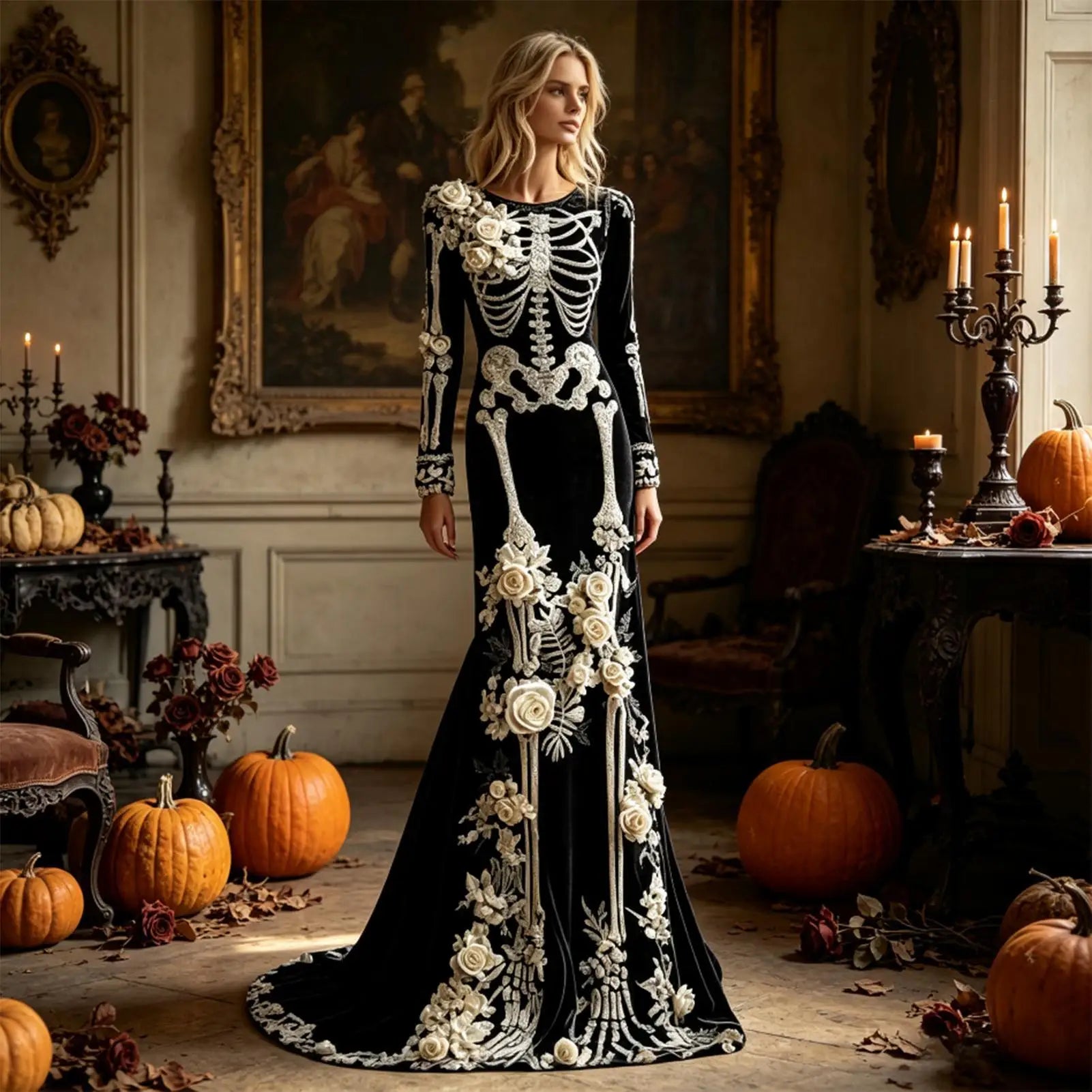 Gothic Skeleton Rose Dress | Women's Long Sleeve Party Dress Dresses - The Eezee Shop