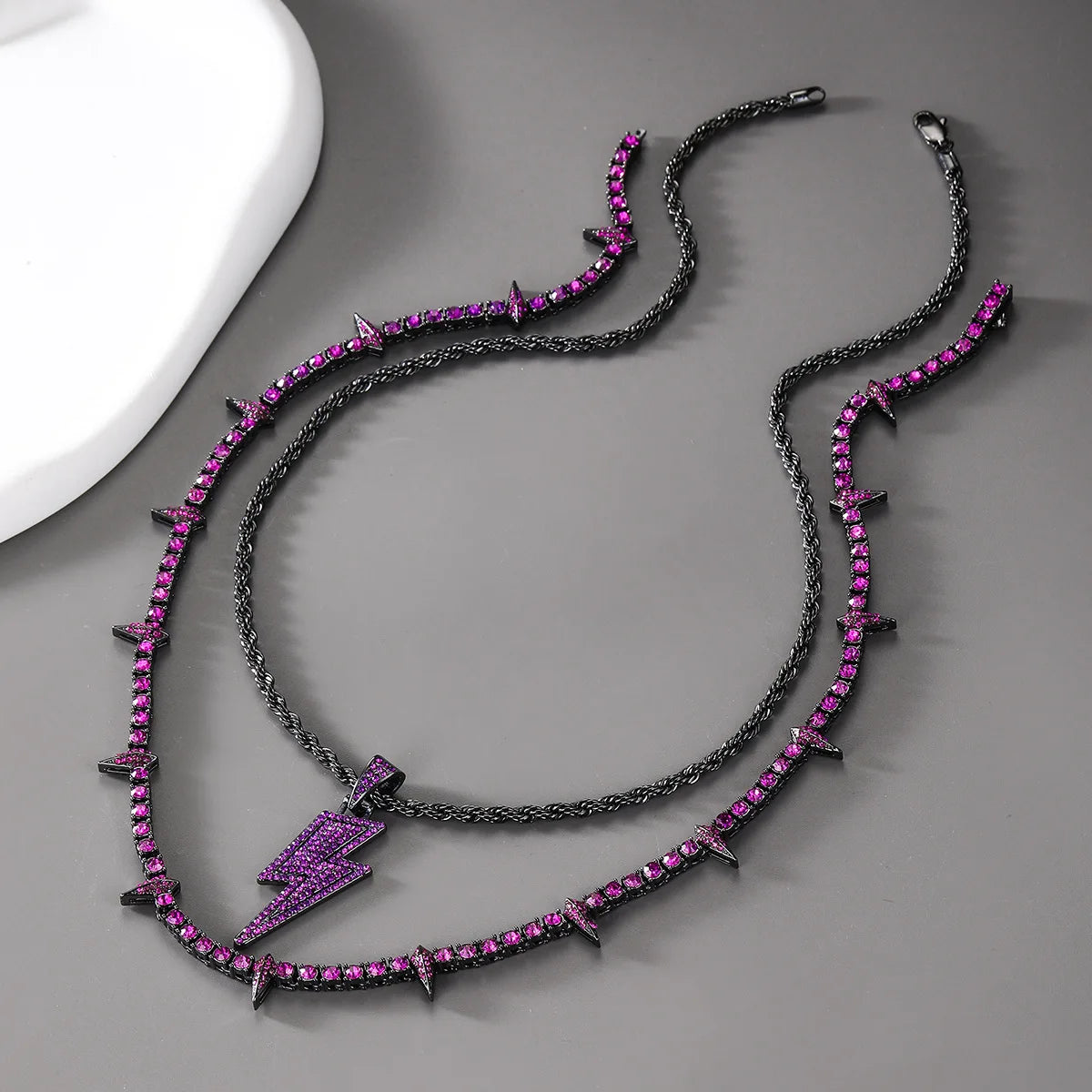 Lightning Pendant Tennis Necklace | Purple Iced Out CZ Chain Jewelry - The Eezee Shop
