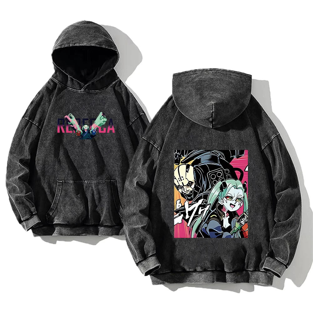 Cyberpunk Edgerunners Washed Hoodie | Cotton Graphic Pullover Hoodies & Sweatshirts - The Eezee Shop