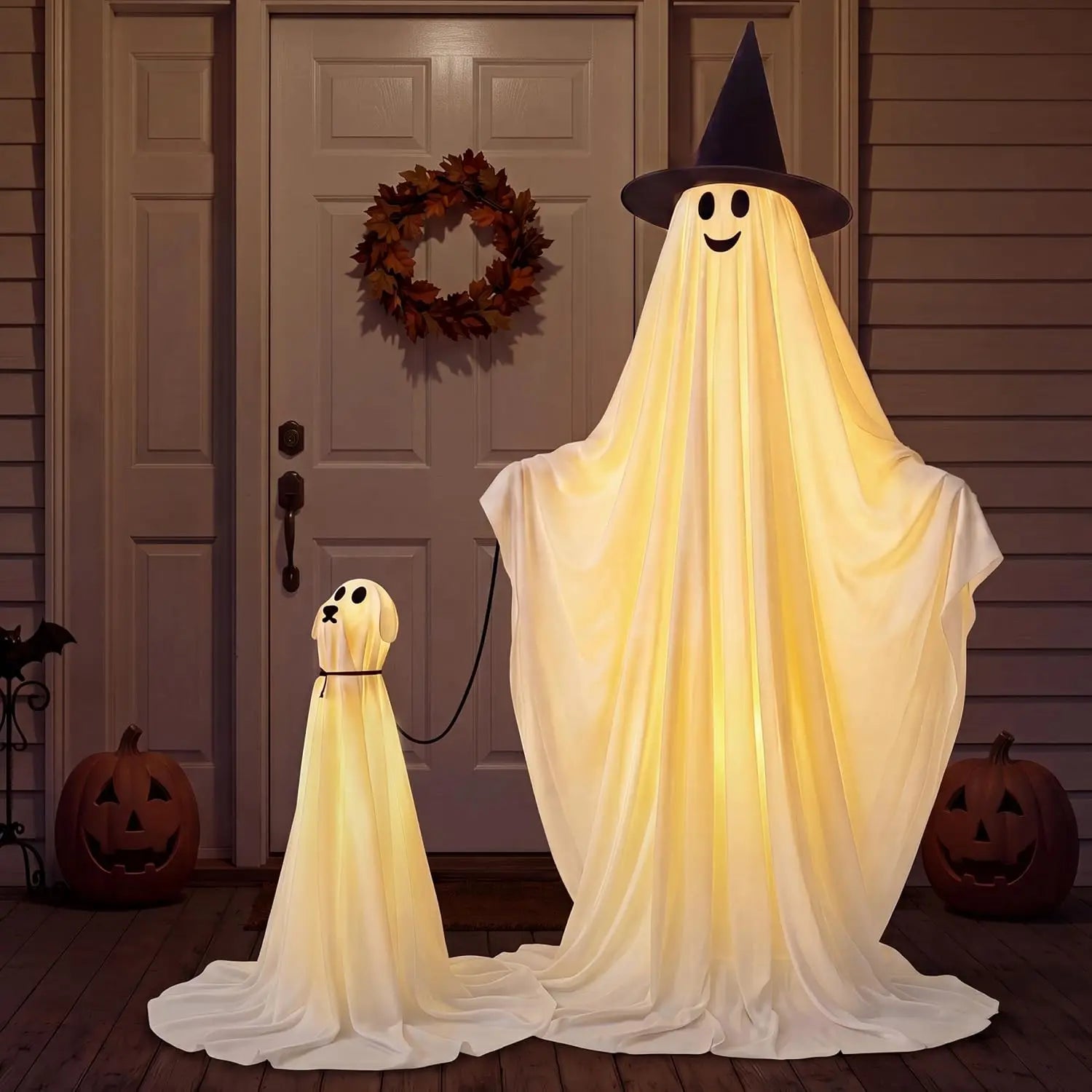2Pcs Outdoor Halloween Decorations 55" Standing Ghost and 23" Dog Ghost Cute Set with Warm White LED Lights 8 Lightng Modes & Timer for Yard Lawn Party Favors and Halloween Decor Outside Indoor - The Eezee Shop