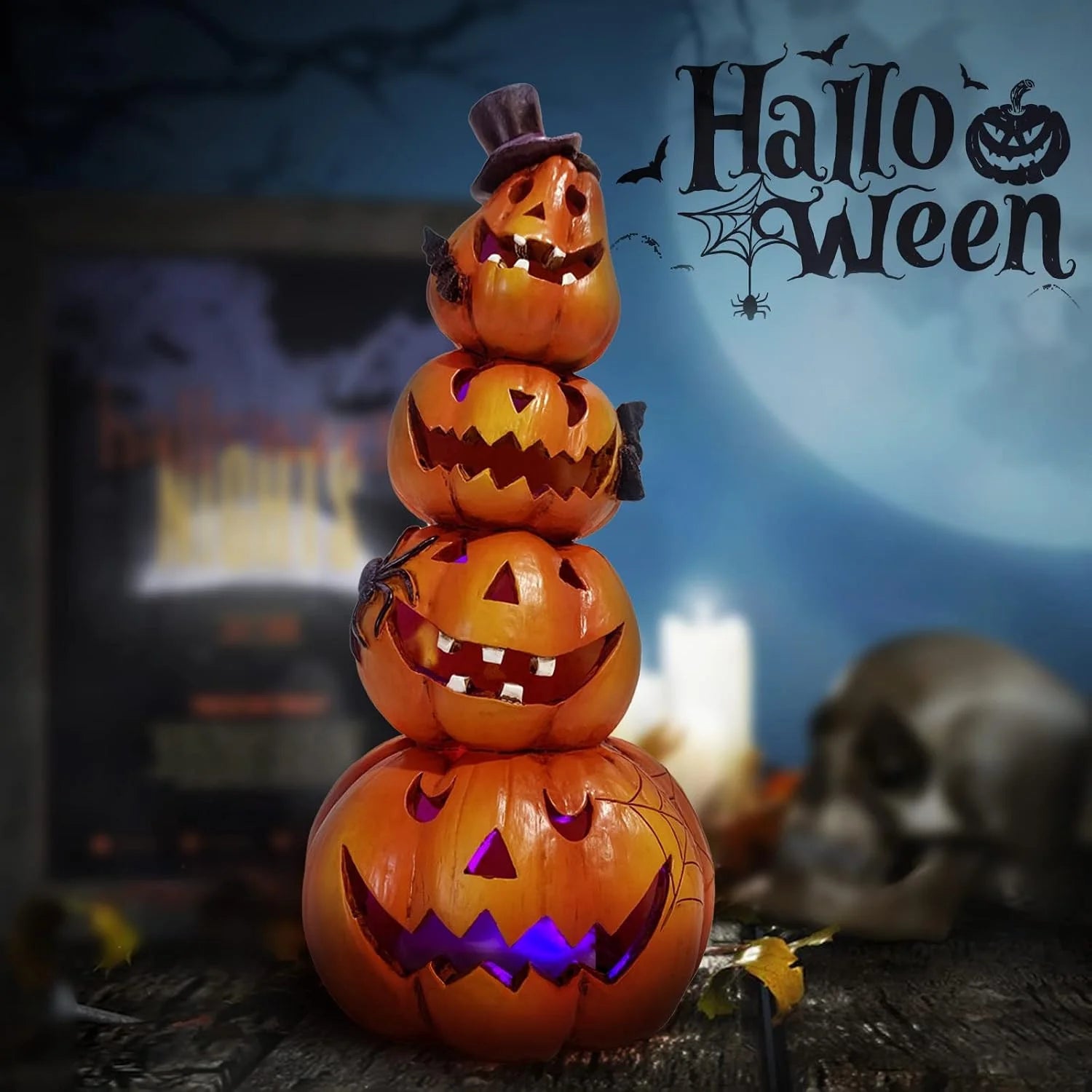 Light-Up Stacked Pumpkin Tower | 4-Tier Jack-O-Lantern Figurine Halloween Figurines - The Eezee Shop