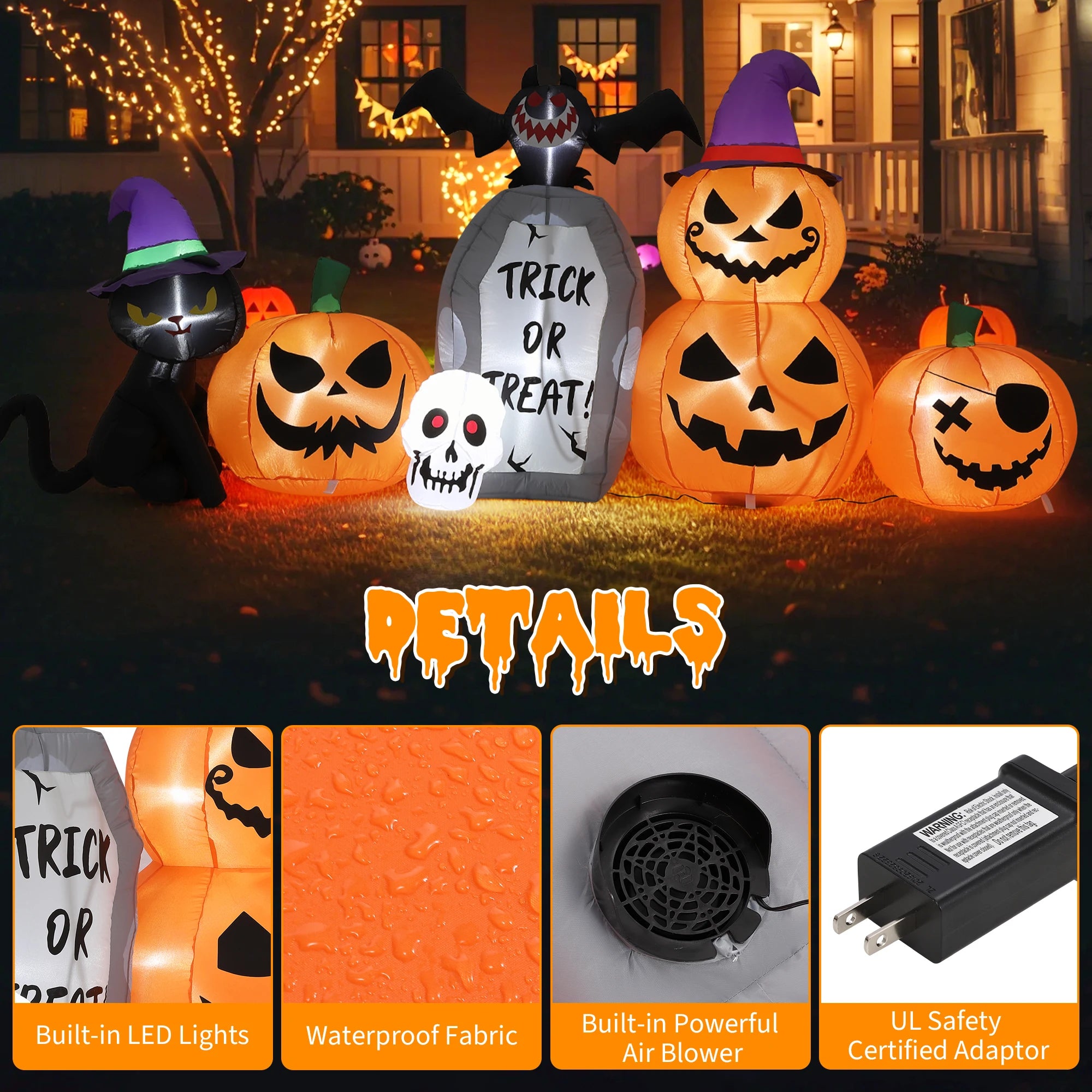 8ft Pumpkin Black Cat Tombstone Inflatable | LED Yard Decor Outdoor Halloween Decorations - The Eezee Shop
