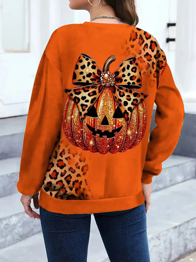 Glitter Pumpkin Leopard Bow Sweatshirt | Women's Orange Pullover Hoodies & Sweatshirts - The Eezee Shop