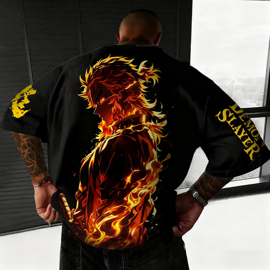Demon Slayer Anime Rengoku Kyojuro Printed T-shirt Summer New Men's Japanese Harajuku Loose Casual Children's Parent-Child Top Anime Tshirts - The Eezee Shop