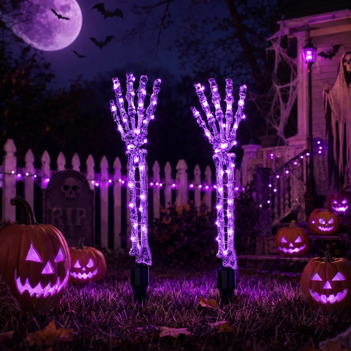 Solar Skeleton Hand Stake Lights | 2-Pack Purple LED Lawn Lights Halloween Lights - The Eezee Shop