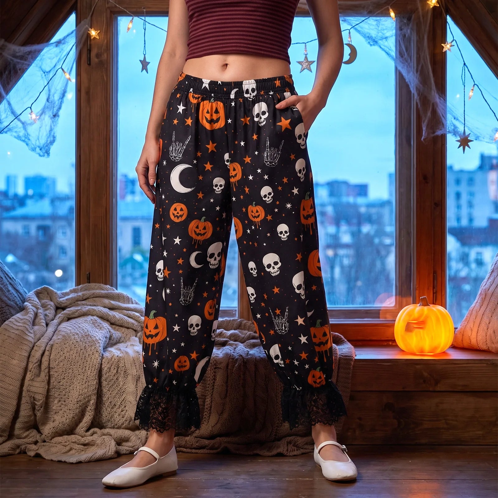 Black Pumpkin Skull Lounge Pants | Women's Elastic Waist Pants Pajamas & Loungewear - The Eezee Shop
