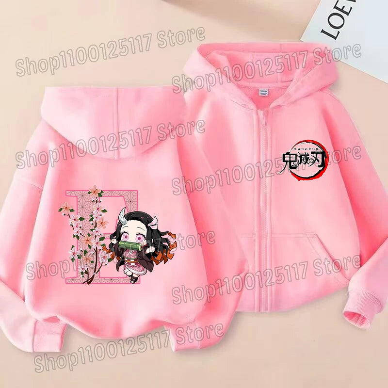 Girls Nezuko Zip-Up Jacket | Kids Demon Slayer Hooded Top Jackets - The Eezee Shop