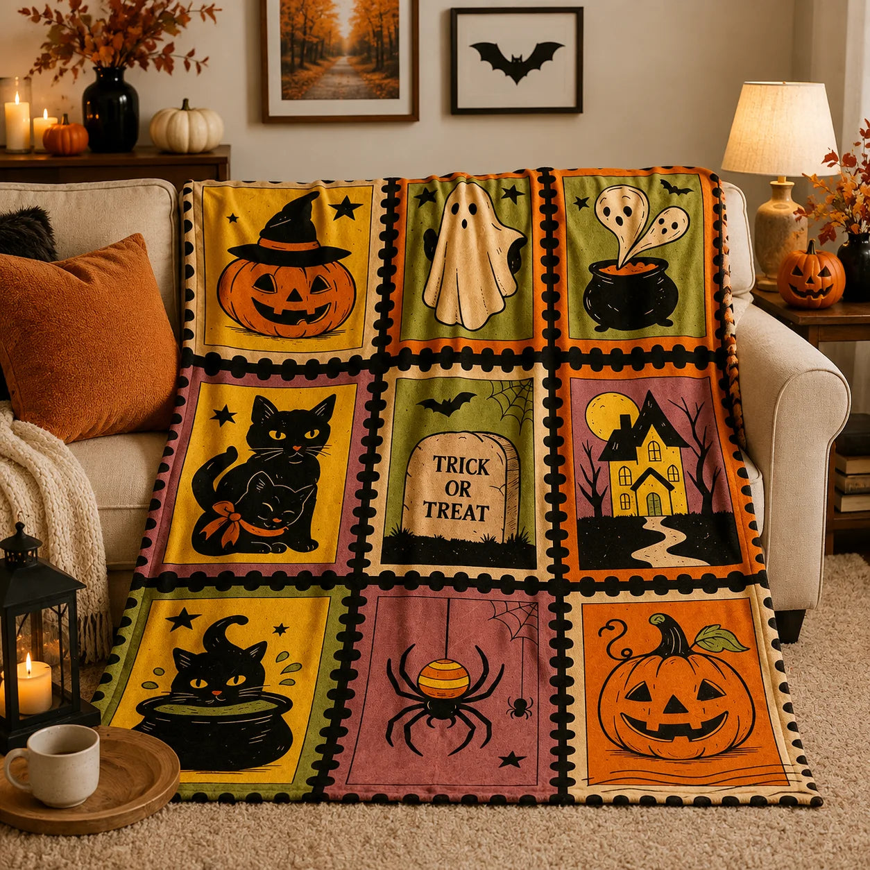 Nine-Grid Halloween Flannel Throw | Cozy Fuzzy Blanket Throw Blankets - The Eezee Shop