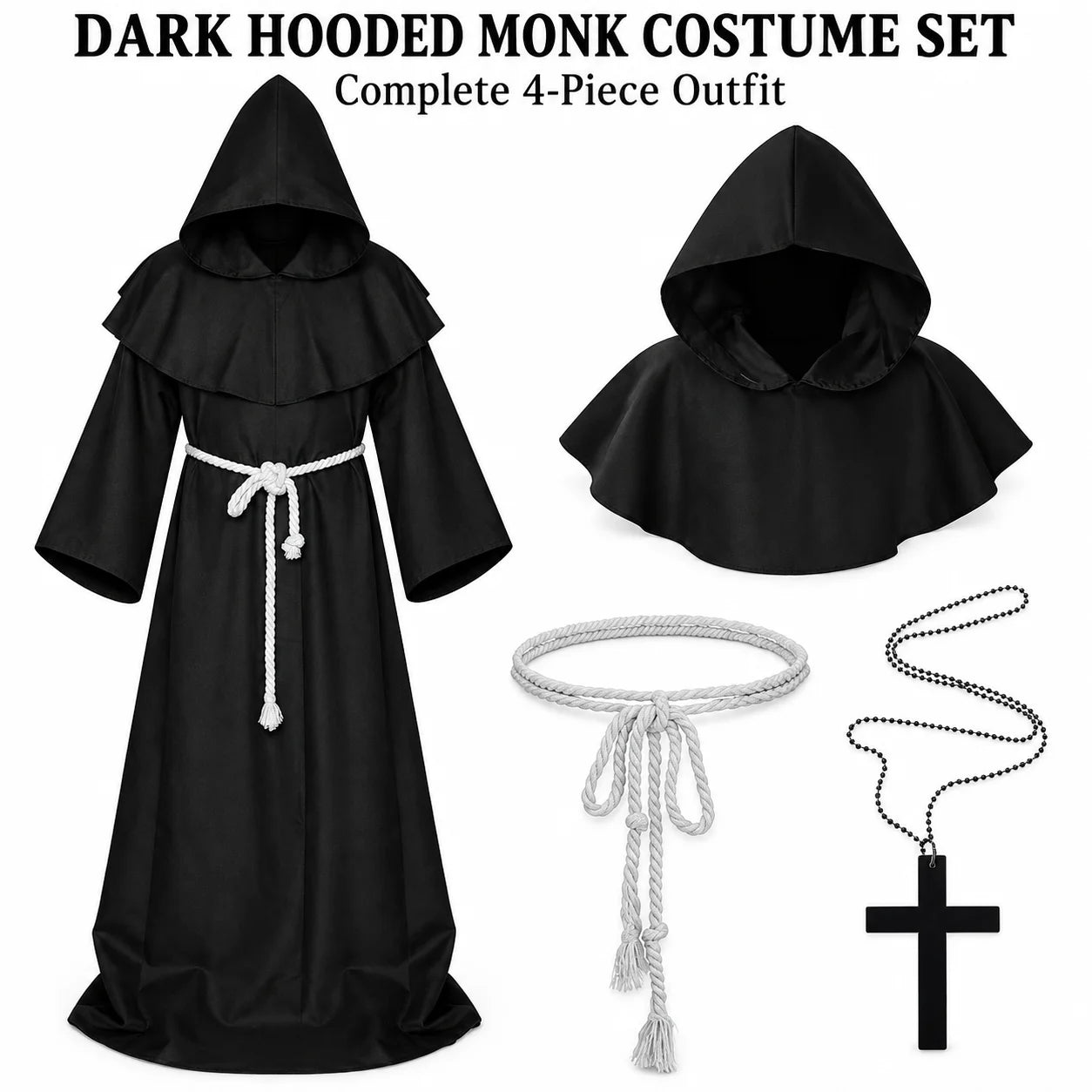 Medieval Monk Robe Costume | 4-Piece Hooded Cloak Set Halloween Costumes - The Eezee Shop