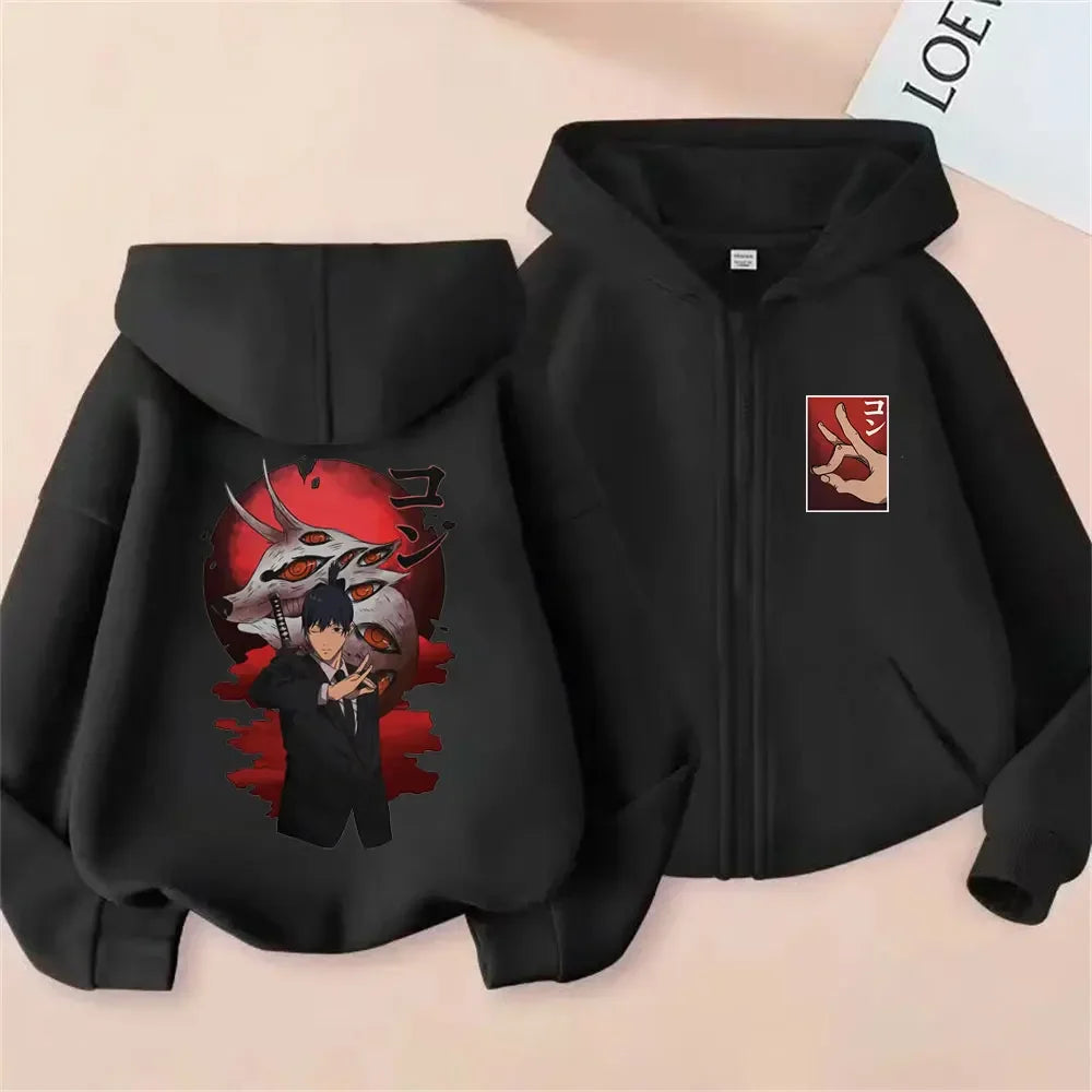 Pochita Washed Zip-Up Hoodie | Chainsaw Man Retro Jacket Hoodies & Sweatshirts - The Eezee Shop