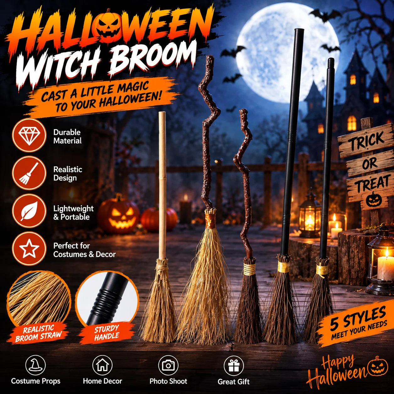 Bendable Witch Broom Prop | Handmade Halloween Costume Broom Cosplay Props - The Eezee Shop